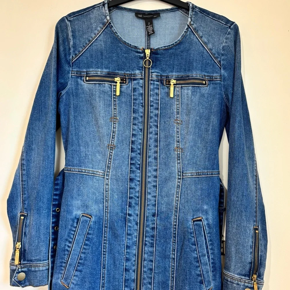 BWT INC International Concepts denim blue shirtdress gold zipper trench dress 2 - Picture 7 of 16